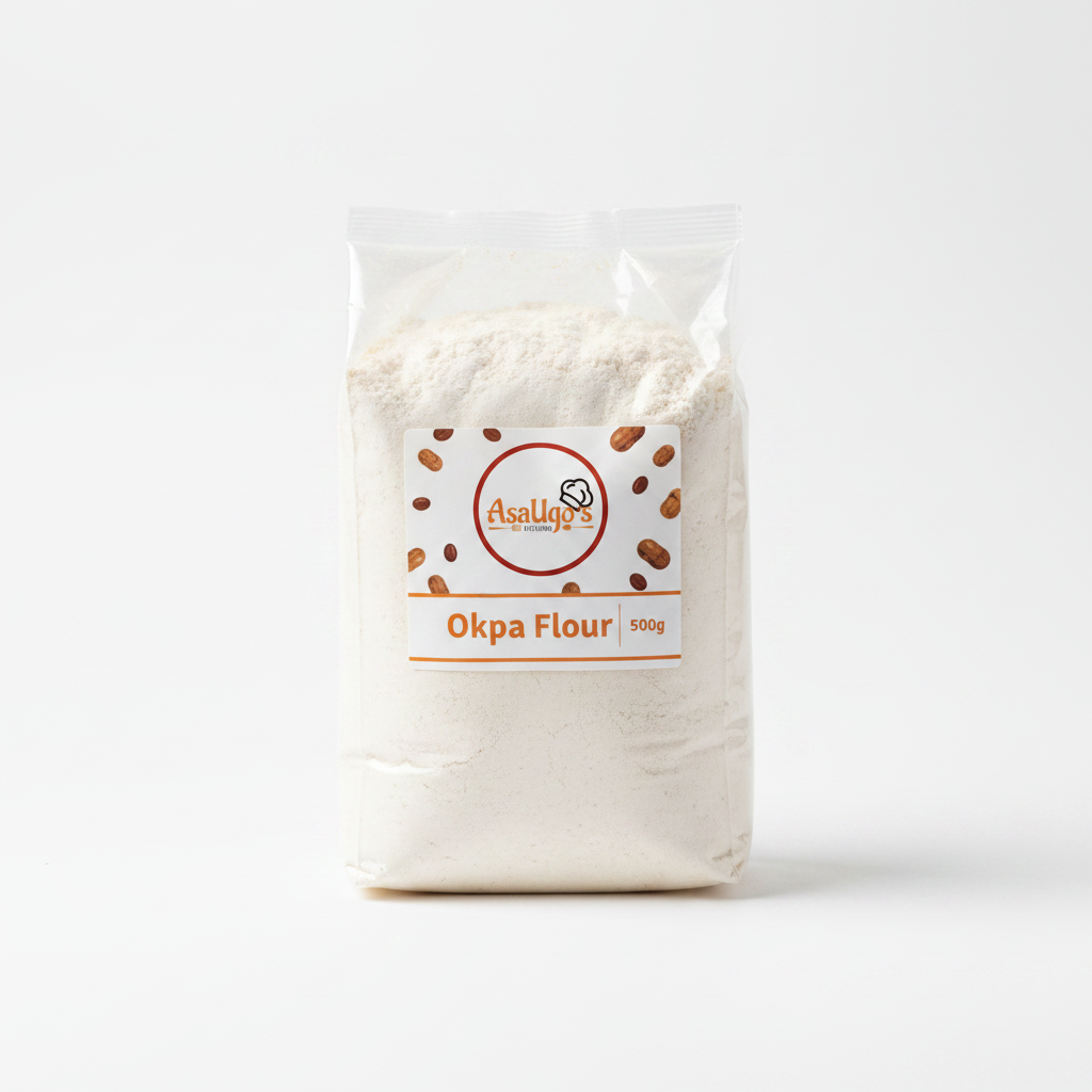 AsaUgo's Kitchen Okpa Flour in white packaging with Bambara groundnut illustrations on label