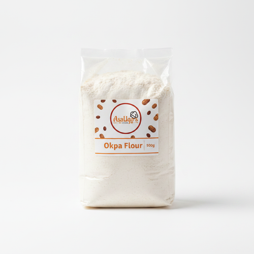 AsaUgo's Kitchen Okpa Flour in white packaging with Bambara groundnut illustrations on label